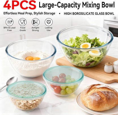 YUANYE 5 Pack Glass Mixing Bowls with Lids Set (5/2.5/1.5/0.9/0.6QT), Thick Glass Large Salad Bowl Set, Nesting Kitchen Bowls for Serving, Prepping, Cooking and Baking, Dishwasher,Oven,Microwave Safe