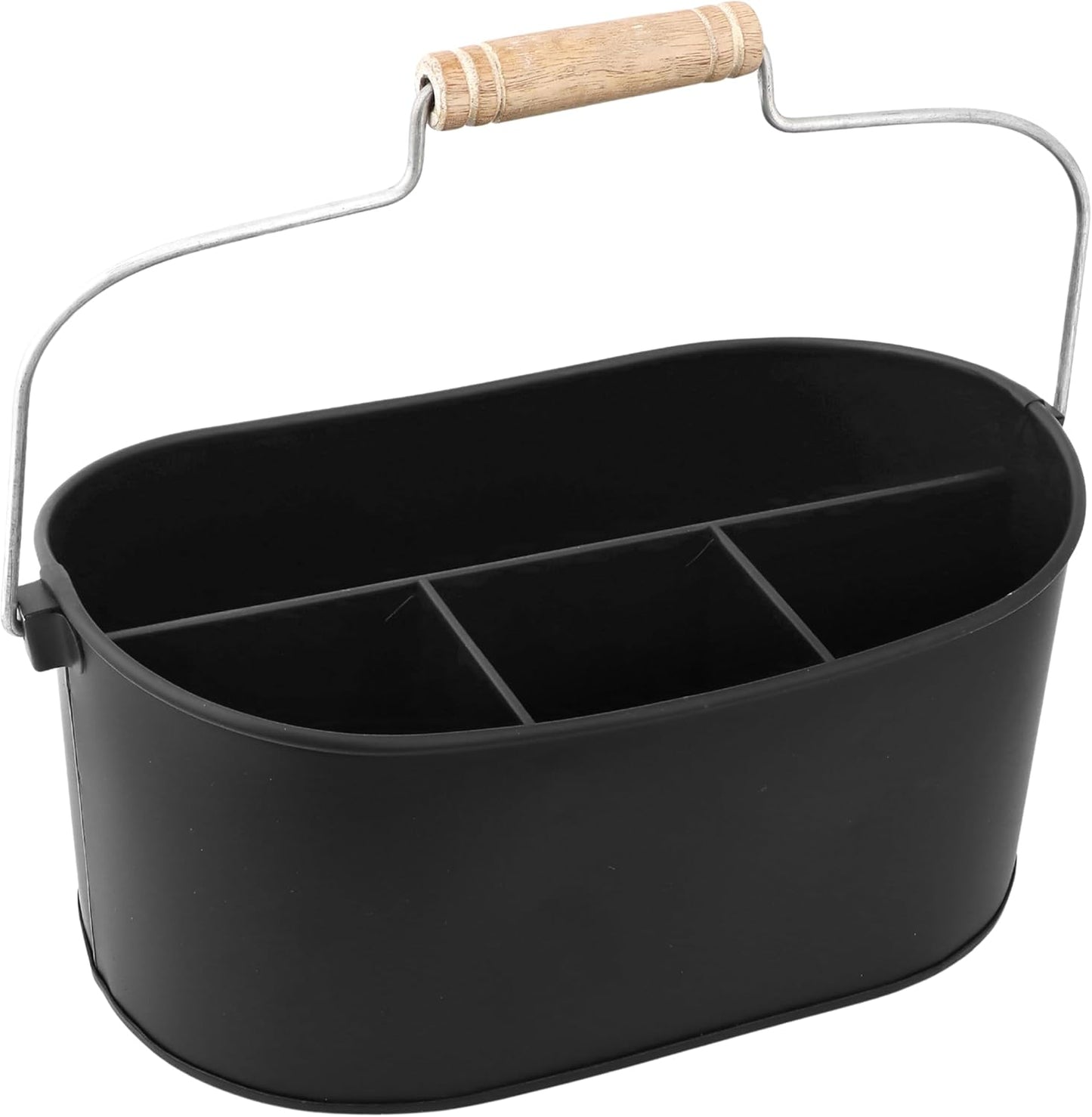 Alpha Living Home Galvanized Metal Utensil Caddy - Rustic Farmhouse Organizer Metal Garden Caddy with 4 Compartments and Wooden Handle for Kitchen, Buffet & Outdoor Events (Silver)