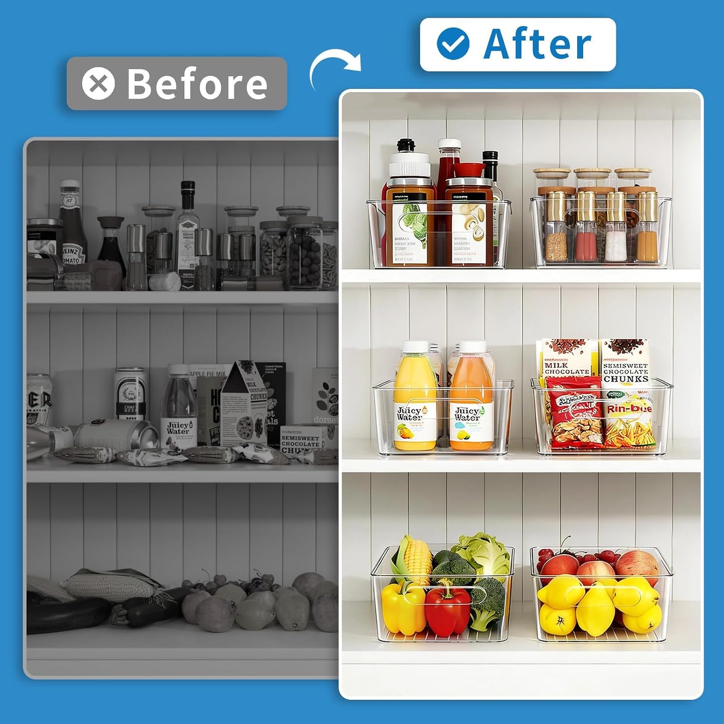 Mpotmiy 6 Pack Pantry Organizers and Storage,Clear Plastic Containers with 2 Dividers for Kitchen,Fridge Organization and Storage,Acrylic Bins for Pounches,Spice Packet,Snack organzier