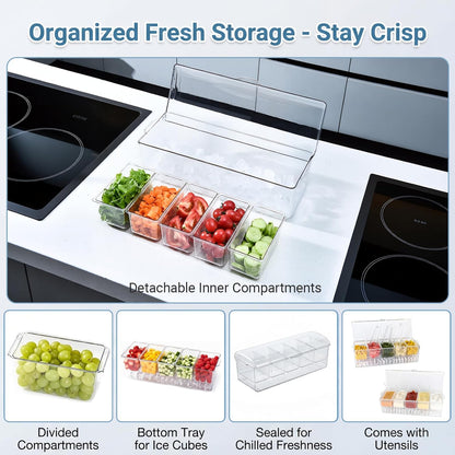 Ice Chilled Condiment Caddy with Lid - 5 Removable Compartments, Serving Containers for Fruit, Caddy, Snack, Sauce, Bar Garnish Holder on Ice, Clear Garnish Tray for Parties and Restaurants (1 Pack)