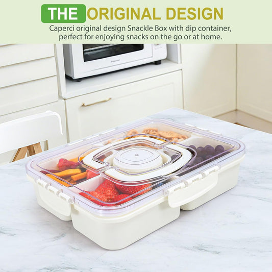 Caperci Large Portion Snackle Box Container - 5 Compartments Veggie Fruit Snack Divided Serving Tray with Lid and Dip Container for Party Picnic, Leak-Proof, Dishwasher Safe, BPA-Free (10.7 Cups)