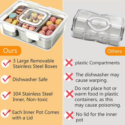 Snackle Box Container, Stainless Steel Divided Serving Tray with Lid and Handle, Large Snack Tray for Fruit Veggie Candy, 8-Compartment Snack Platter for Travel Party Beach Picnic