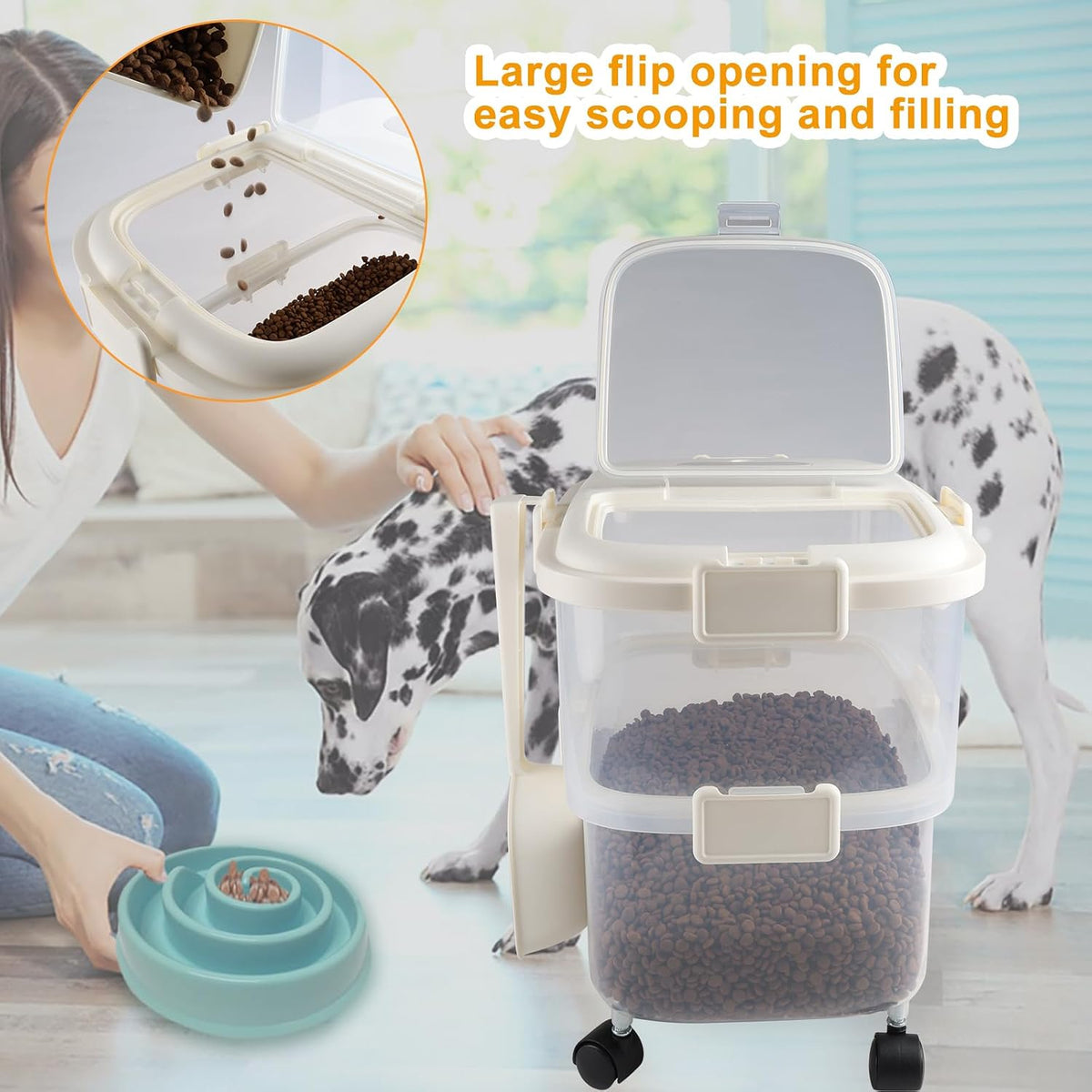 Rolling Dog Food Storage Container 20lb,Airtight Pet Food Container,Plastic Dog Food Bin with Pet Food Scoop,Dry Dog Cat Food Storage,Height Adjustable