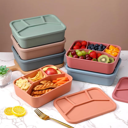 Honeydak 6 Pcs Silicone Bento Box Reusable Lunch Container 4 Compartment Snack Boxes with Lid Smooth LeakProof Rectangle Food Boxes for Adult Work Travel Food Storage (Cute Color)