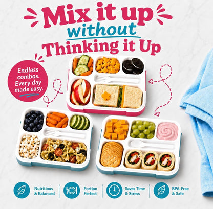 kinsho Lunch Box for Kids Boys Girls - Bento Box Set with Insulated Bag and Ice Pack, 6 Compartment Leak Proof Food Container, BPA-Free, Microwave Safe, Ideal for School & Work, Teal