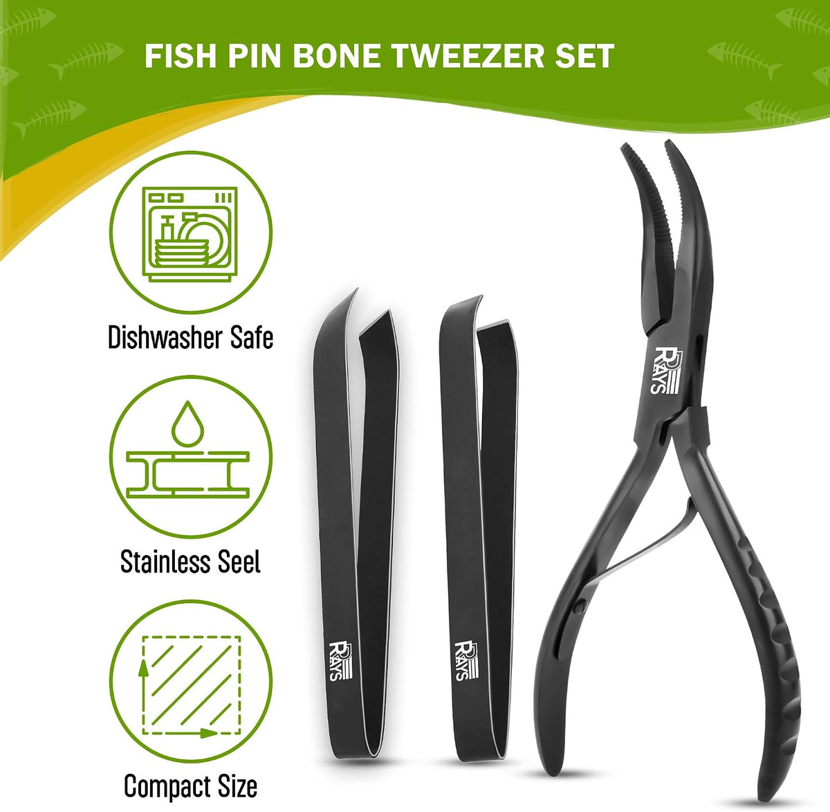 Fish Bone Pliers/Tweezers – Serrated Jaw Plier + Flat & Slant Tweezers | Stainless Steel Pin Bone Remover & Deboning Tools for Salmon, Trout & All Seafood
