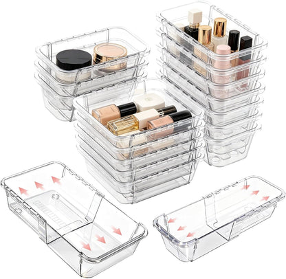 15-Piece Expandable Drawer Organizer Set, Clear 2-Size Bins | 15-piece set, clear expandable bins, 2 sizes, for makeup, vanity, desk and kitchen drawers