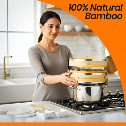 Bamboo Steamer Basket | 2 Tier 10-Inch steaming basket for Dim Sum, Bao Buns, Momos, Rice & Vegetables | Dumpling Steamer, Complete Kit: 4 Reusable Liners, 2 Sauce Dish, 2 Chopsticks, Ring Adapter | Natural Bamboo dumpling steaming basket Kit