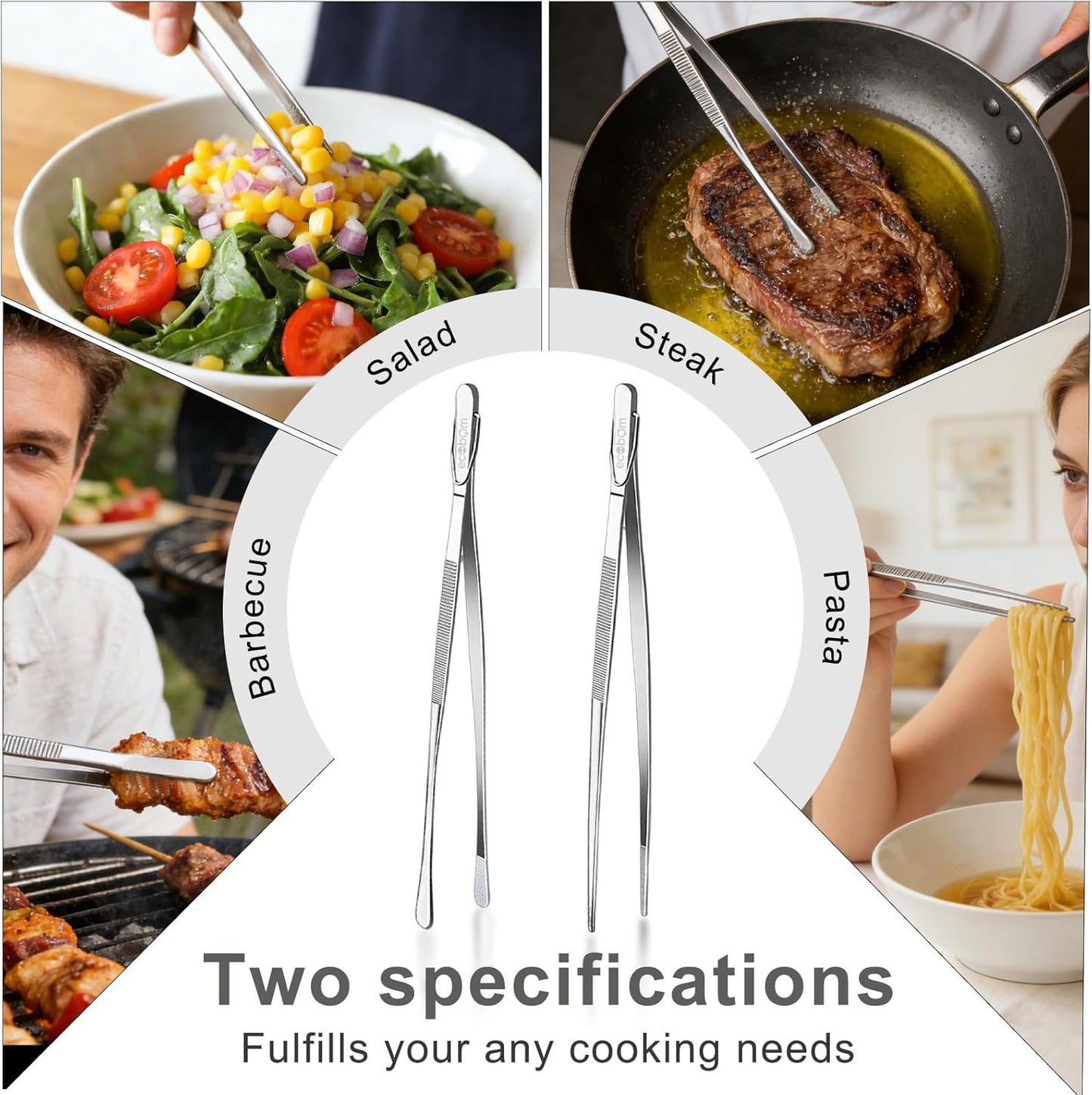 2 Pcs 12-Inch Stainless Steel Kitchen Tweezers, Dual-Tip Serrated Tongs with Hook - Heat-Resistant Non-Slip Cooking Tweezers for BBQ, Grilling, Plating & Serving