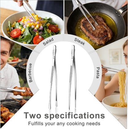 2 Pcs 12-Inch Stainless Steel Kitchen Tweezers, Dual-Tip Serrated Tongs with Hook - Heat-Resistant Non-Slip Cooking Tweezers for BBQ, Grilling, Plating & Serving