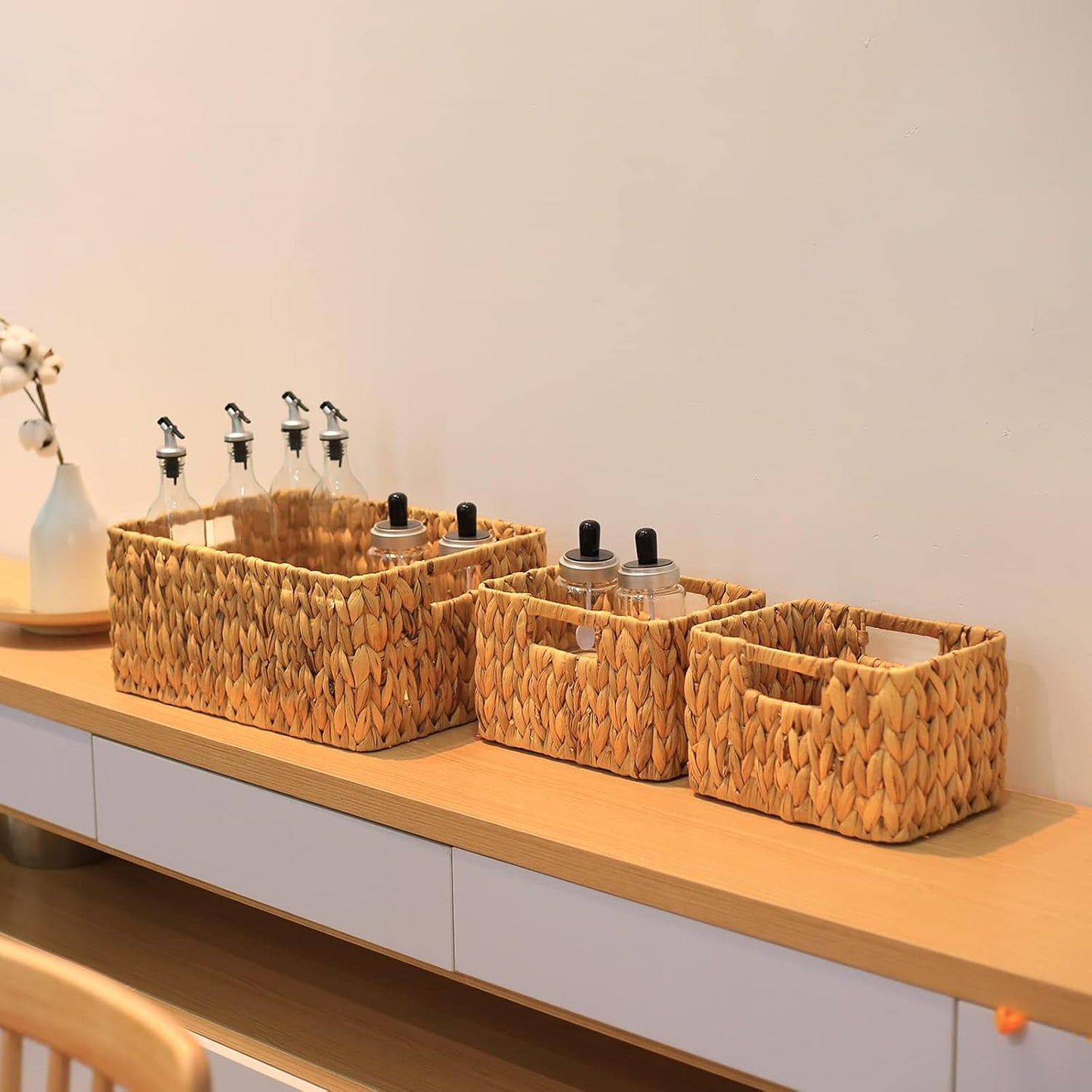 HOONEX Water Hyacinth Storage Baskets, Wicker Baskets for Storage, Hand Woven Baskets with Carry Handles, Set of 2, Natural
