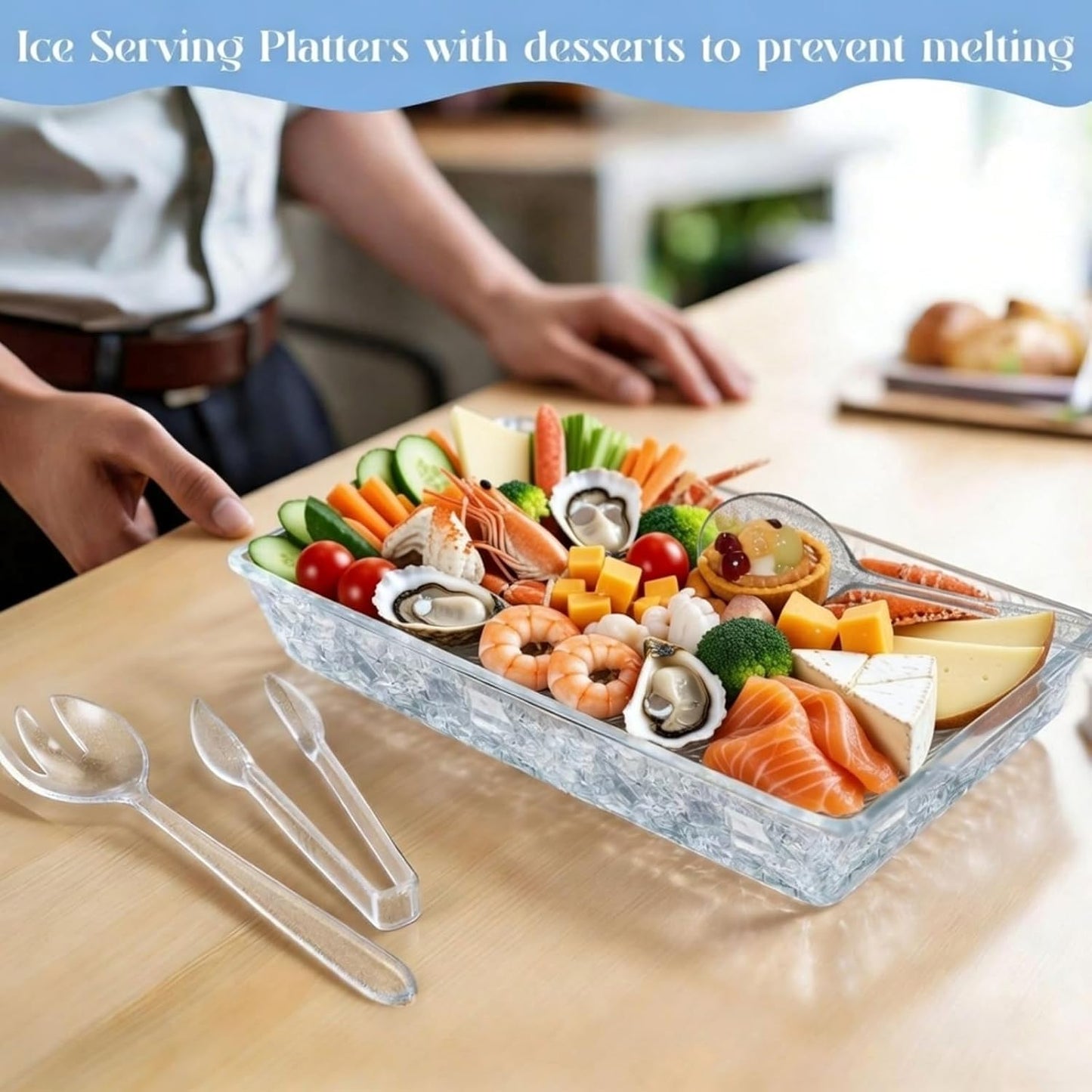 Baderke 16" x 9" Chilled Serving Tray for Parties with Compartments Ice Chilled Party Crudite Platter Charcuterie Serving Board Cold Dish Dip with Tableware for Seafood Vegetable(Silver Glitter)