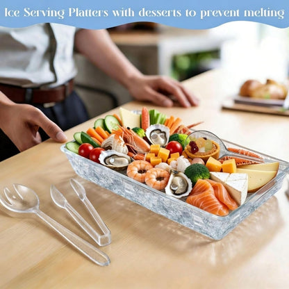 Baderke 16" x 9" Chilled Serving Tray for Parties with Compartments Ice Chilled Party Crudite Platter Charcuterie Serving Board Cold Dish Dip with Tableware for Seafood Vegetable(Silver Glitter)