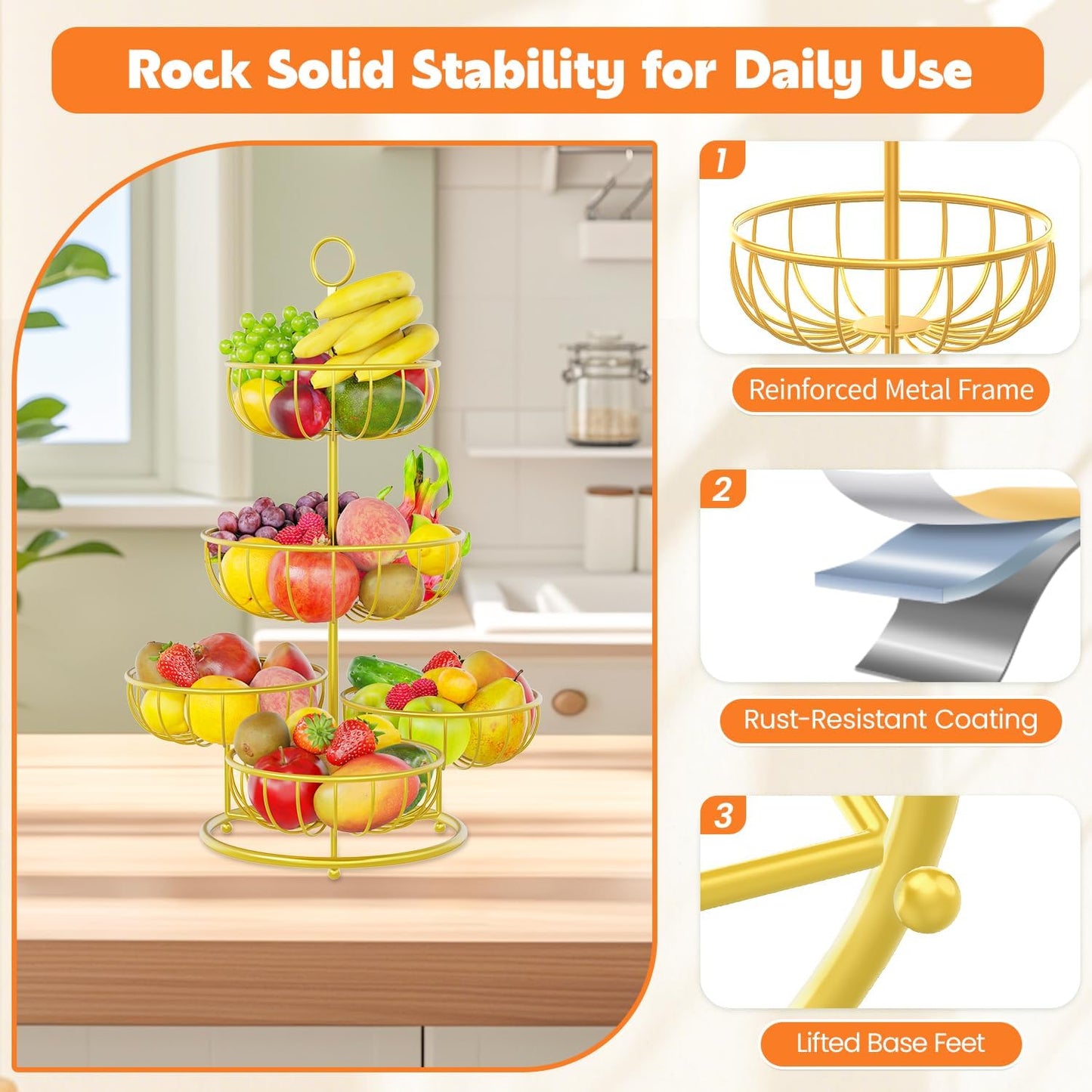 PouHenier.jh 3 Tier Rotating Fruit Basket Bowl, Kitchen Counter Wire Produce Organizer Holder, Stable Vegetable Storage Stand with 2 Banana Hangers, Countertop Tiered Veggie Rack, Easy Setup, Black