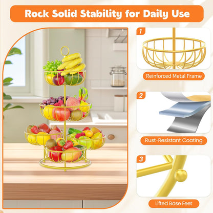 PouHenier.jh 3 Tier Rotating Fruit Basket Bowl, Kitchen Counter Wire Produce Organizer Holder, Stable Vegetable Storage Stand with 2 Banana Hangers, Countertop Tiered Veggie Rack, Easy Setup, Black