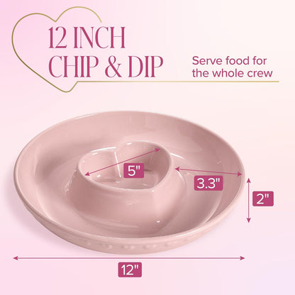 Paris Hilton Chip and Dip Serving Tray, Finely Crafted Stoneware with Heart-Shaped Dipper, Embossed Hearts, Microwave and Dishwasher Safe Stoneware, 12-Inch, Pink