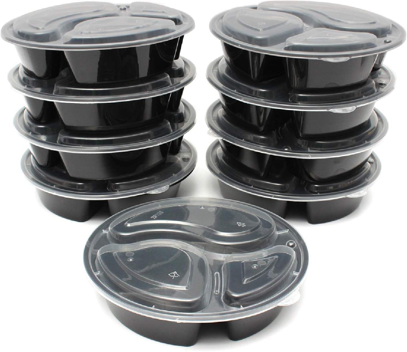 50pcs 48oz Meal Prep Round Containers 3 Compartment w/Lids Food Storage 25 set