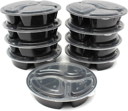 50pcs 48oz Meal Prep Round Containers 3 Compartment w/Lids Food Storage 25 set