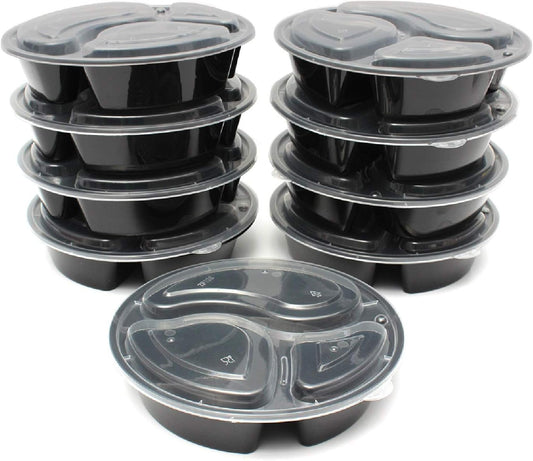 50pcs 48oz Meal Prep Round Containers 3 Compartment w/Lids Food Storage 25 set