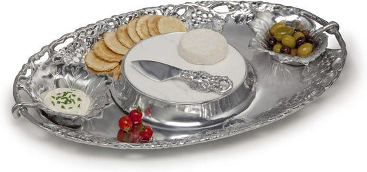 Arthur Court Designs Aluminum Grape 5-Piece Entertainment Cheese Chip and Dip Tray - Two Bowls, Spreader, Marble, Tray 20 inch x 13 inch