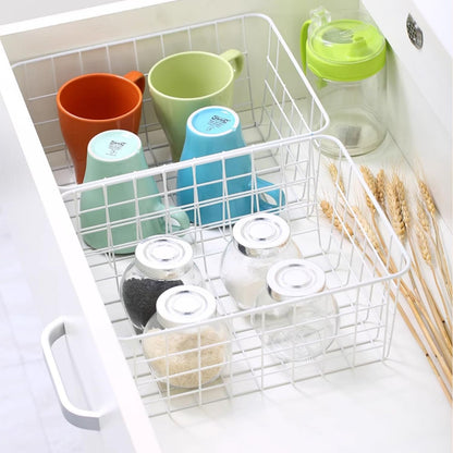 White Wire Storage Baskets,11.1"x8.7"x4.7"Wire Freezer Storage Organizer Bins Farmhouse Metal Freezer Basket with Handles for Cabinets, Pantry, Closets, Bedrooms,White,4 Pack