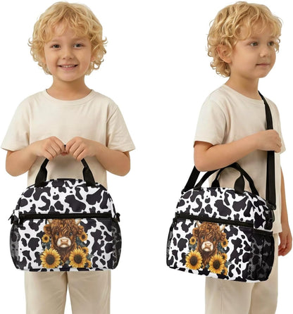 Highland Cow Backpack with Lunch Box Set for Kids Sunflower School Backpack for Girls Boys Back to School Bag Student Travel Backpacks Reusable Utensils Pen Case Water Bottle Bag 5PCS