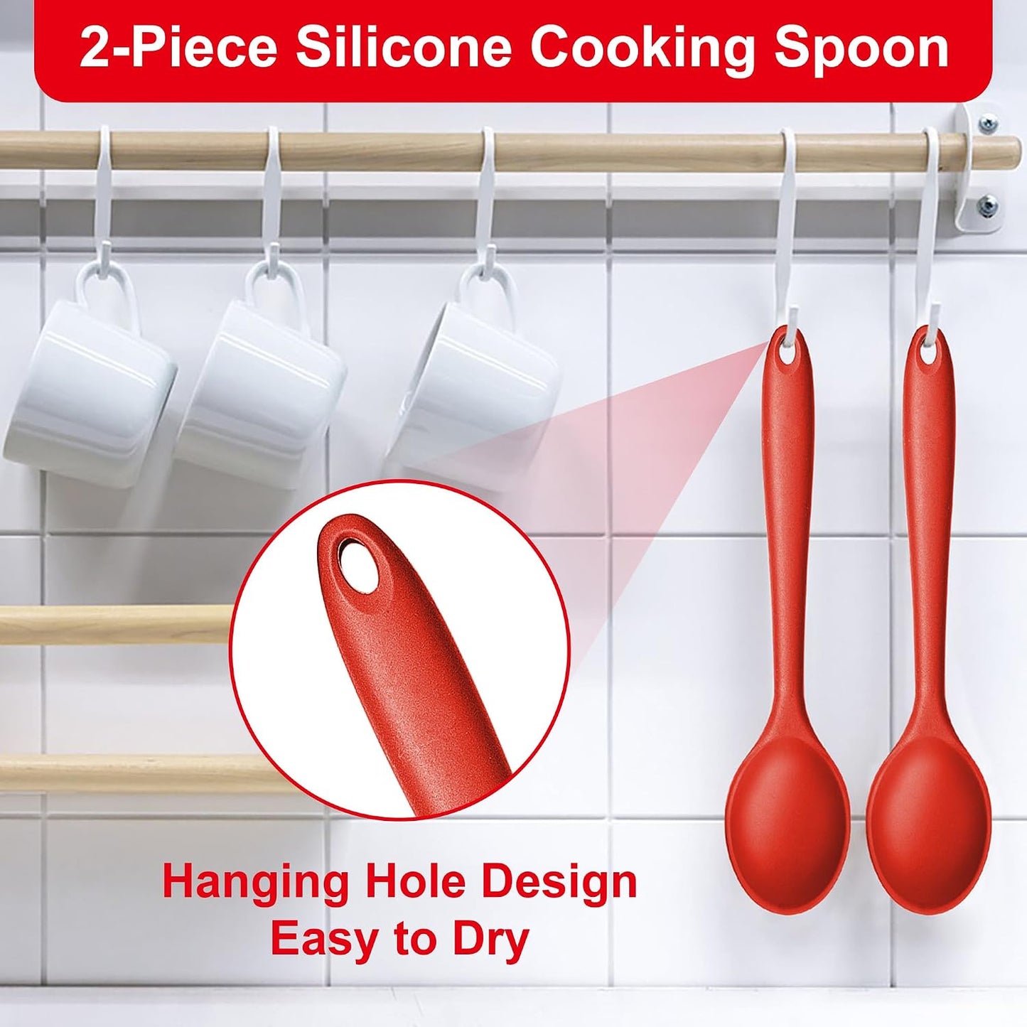 E-far Silicone Cooking Spoon Set of 2, Heat Resistant Kitchen Spoons Utensils Nonstick Mixing Spoon for Baking Stirring Serving, Non-Toxic & Dishwasher Safe (Black)
