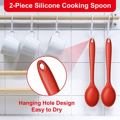 E-far Silicone Cooking Spoon Set of 2, Heat Resistant Kitchen Spoons Utensils Nonstick Mixing Spoon for Baking Stirring Serving, Non-Toxic & Dishwasher Safe (Black)