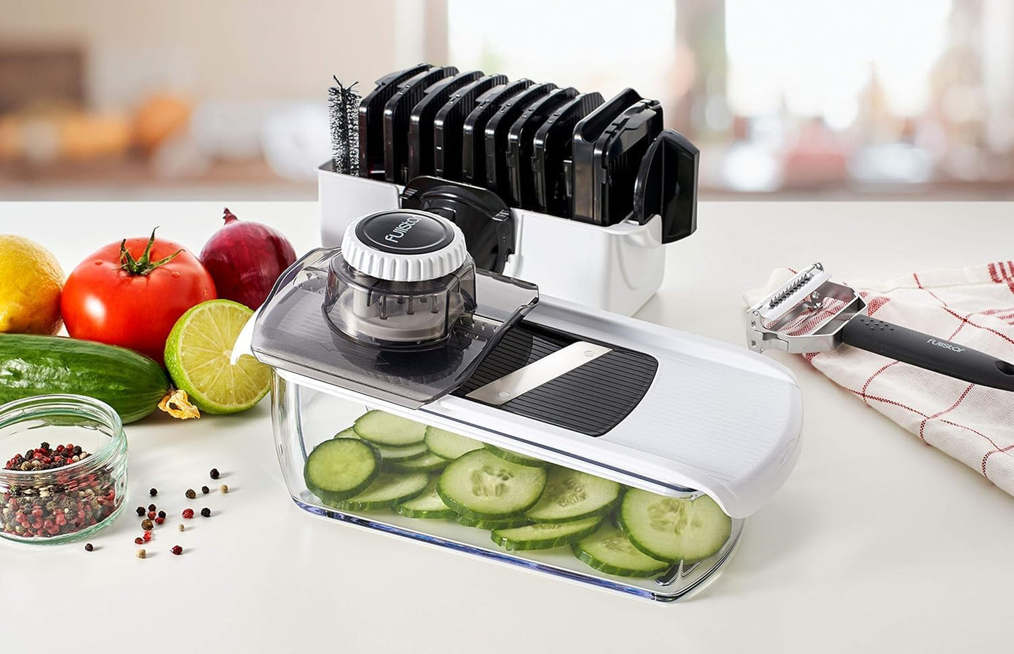 Fullstar Mandoline Slicer for Kitchen, Fruit Cutter, Cheese Grater, Cucumber Slicer, Veggie Spiralizer, Food Cutter & Kitchen Gadgets & Gifts with Safety Glove (11 in 1, White)