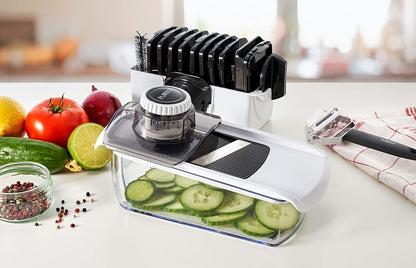 Fullstar Mandoline Slicer for Kitchen, Fruit Cutter, Cheese Grater, Cucumber Slicer, Veggie Spiralizer, Food Cutter & Kitchen Gadgets & Gifts with Safety Glove (11 in 1, White)