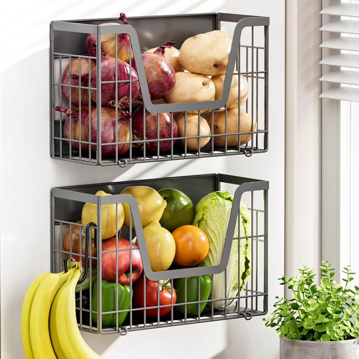 2 Set Magnetic Shelf for Fridge, Potato & Onion Storage Bins, Magnetic Fruit Basket for Refrigerator Pantry Kitchen Counter Laundry Organizer, Fridge Magnetic Spice Rack Magnet Fridge Storage