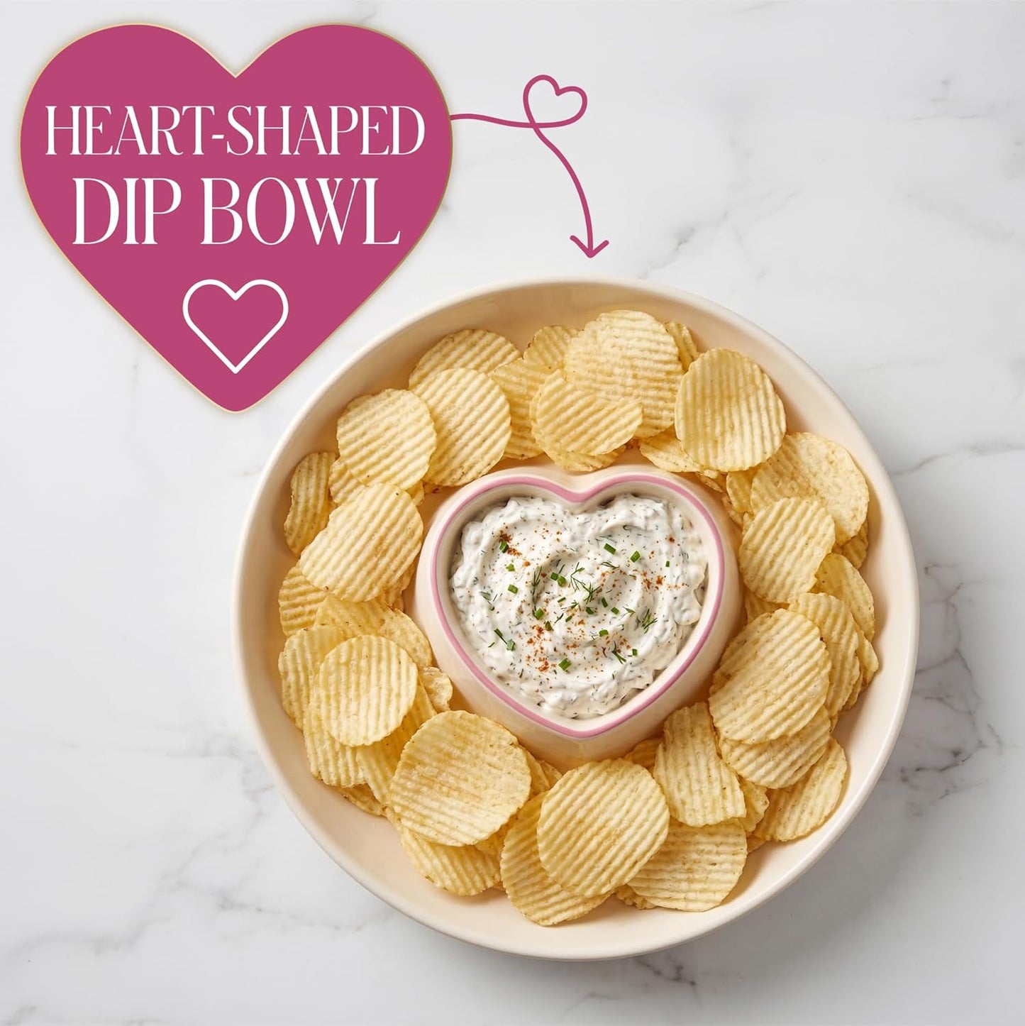 Paris Hilton Chip and Dip Serving Tray, Finely Crafted Stoneware with Heart-Shaped Dipper, Embossed Hearts, Microwave and Dishwasher Safe Stoneware, 12-Inch, Pink