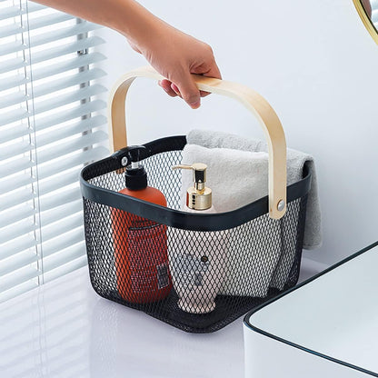 Mesh Steel Storage Organizer Basket Fruit Basket Bin with Wood Handle Ideal for Kitchen Bathroom Picnic Baskets Pantry Cabinets Storage Home Decor (White)