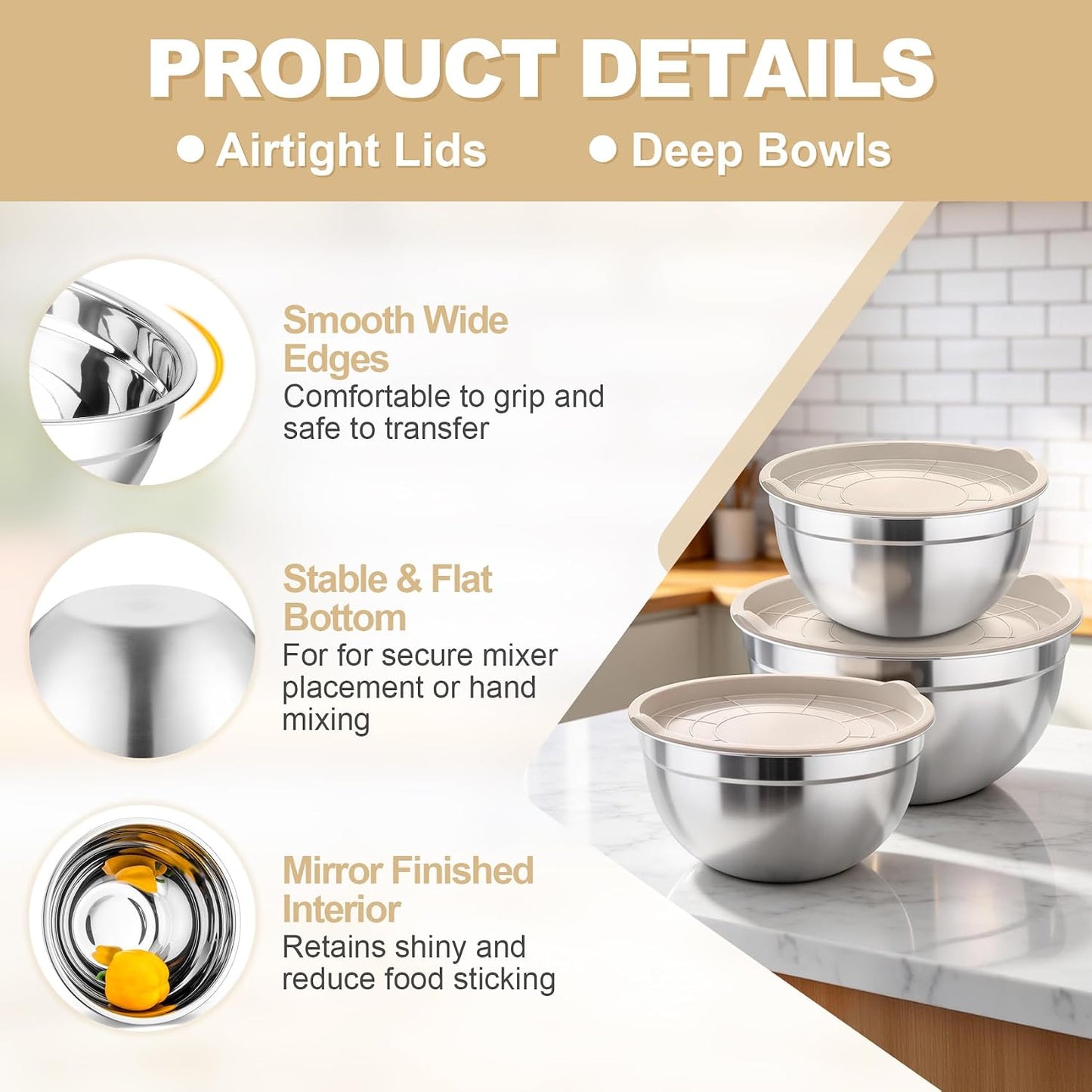 TeamFar Mixing Bowls, Stainless Steel Nesting Salad Bowls with Airtight Lids Set, For Serving/Mixing/Storing, Healthy & Long-lasting, Dishwasher Safe & Easy Clean, 4.6/3 / 1.5 QT, Colorful