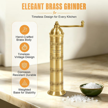 Brass Salt Grinder, 8 Inch Gold Manual Salt Mill with Ceramic Core