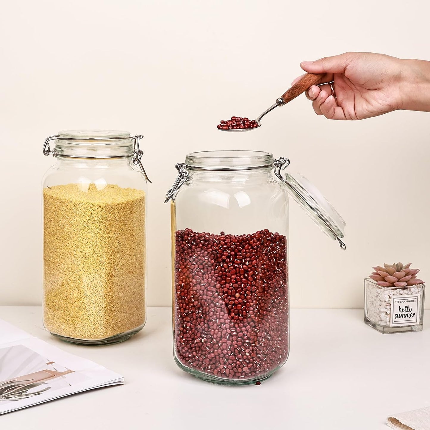 Glass Food Storage Jars 37 oz Set of 6,Glass Storage Containers Clear Glass Food Canister with Bamboo Lid Airtight For Serving Tea, Coffee, Flour, Sugar, Candy, Cookie, Spice and More (Square)
