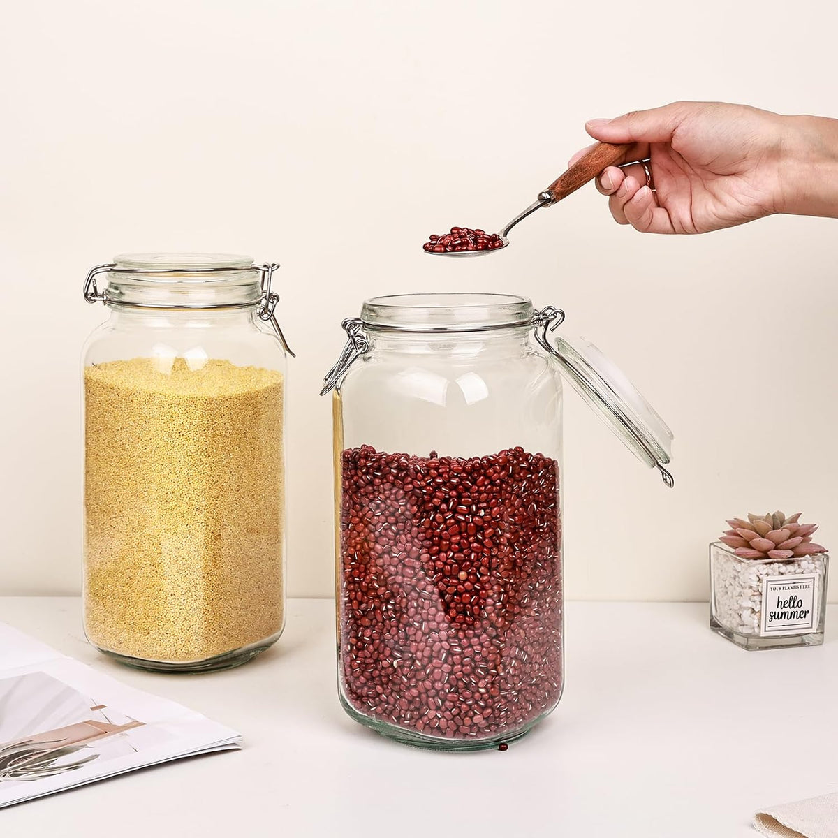 Glass Food Storage Jars 37 oz Set of 6,Glass Storage Containers Clear Glass Food Canister with Bamboo Lid Airtight For Serving Tea, Coffee, Flour, Sugar, Candy, Cookie, Spice and More (Square)