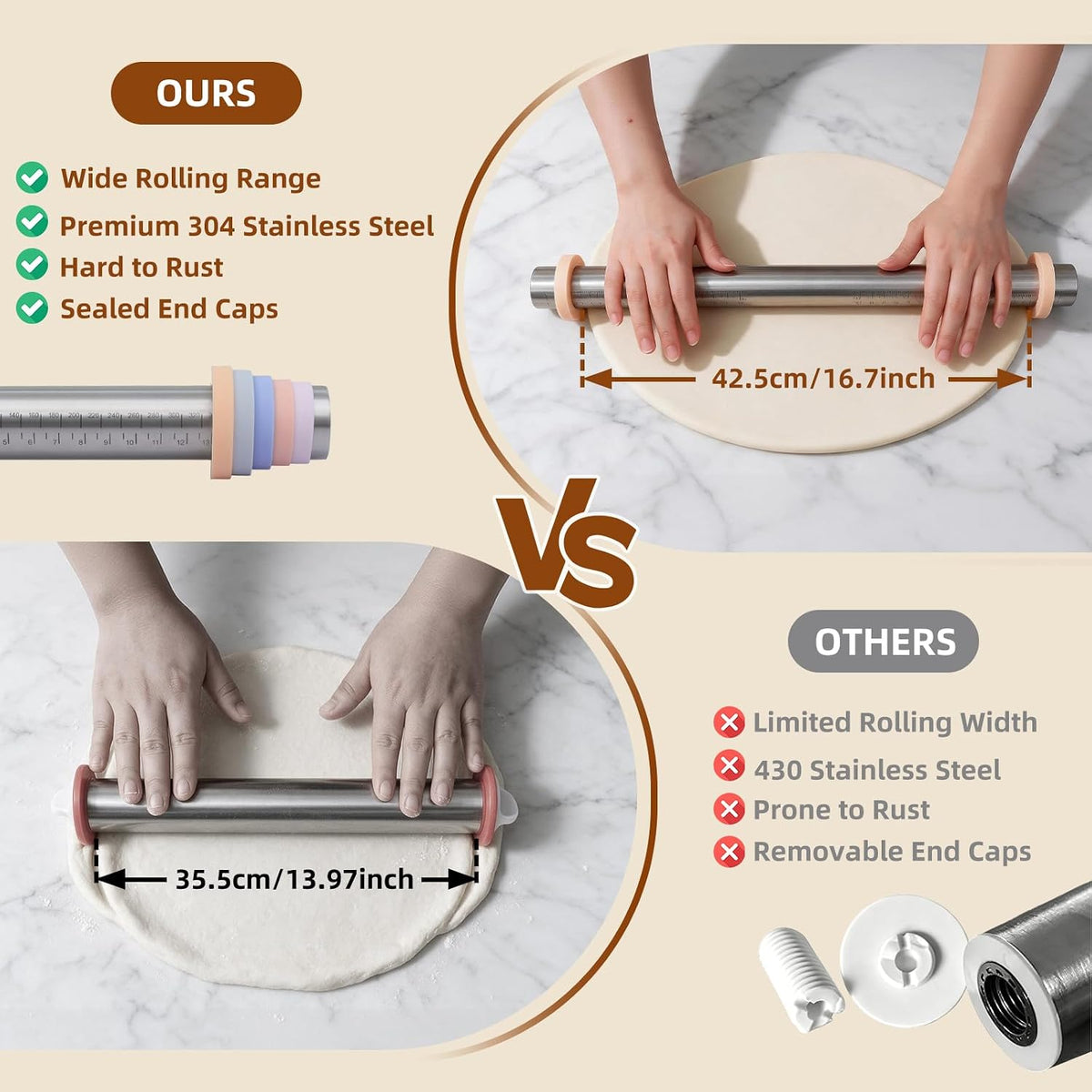Adjustable Rolling Pin with Thickness Rings for Baking -Roller for Cake Pop