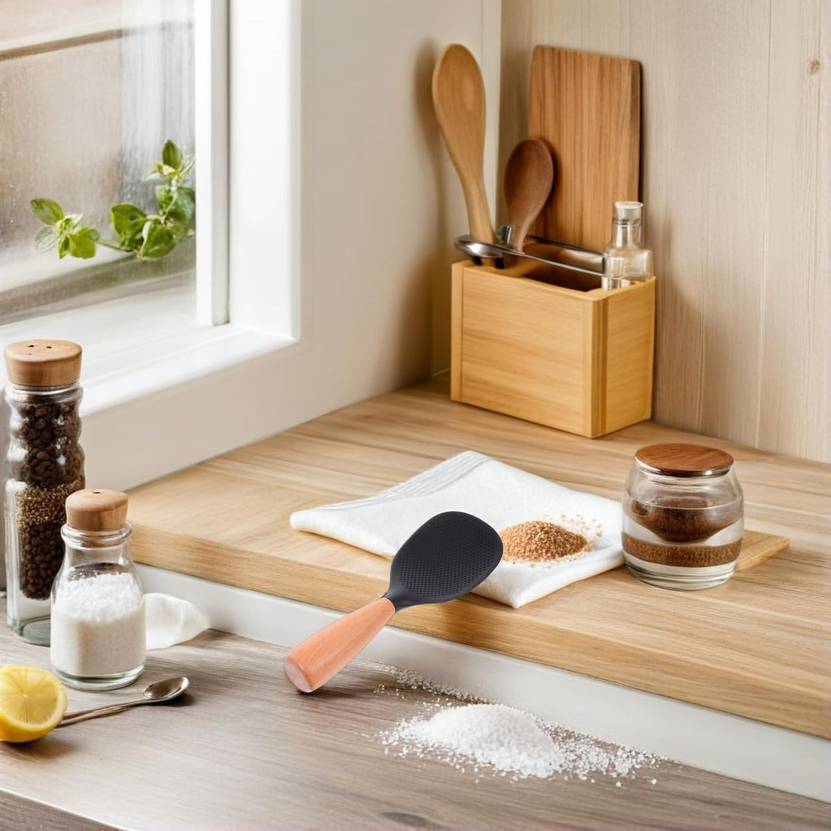 MAGICLULU Silicone Rice Paddle with Wooden Handle, Non Stick Rice Spoon