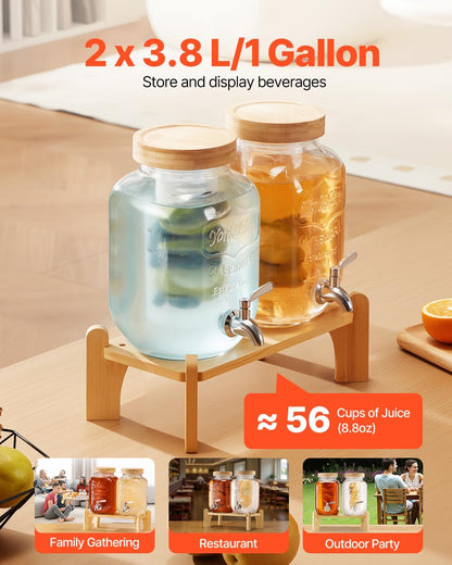 VEVOR Beverage Dispenser, 3 Pack 2 Gallon Drink Dispensers for Parties, Glass Juice Dispenser with Metal Stand, Stainless Steel Spigot, Infuser, Iced Tea Lemonade Juice Water Dispensers for Parties
