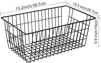 15.2" Metal Wire Baskets for Organizing 6 Pack, Household Pantry Storage Freezer Organizer Bins with Handles, Freezer Baskets for Upright Freezer, Refrigerators, Kitchen Cabinets, Black