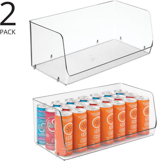 mDesign Modern Stackable Plastic Open Front Dip Extra Large Storage Organizer Bin Basket for Kitchen Organization, Shelf, Cubby, Cabinet, and Pantry Organizing Decor, Ligne Collection - 2 Pack - Clear