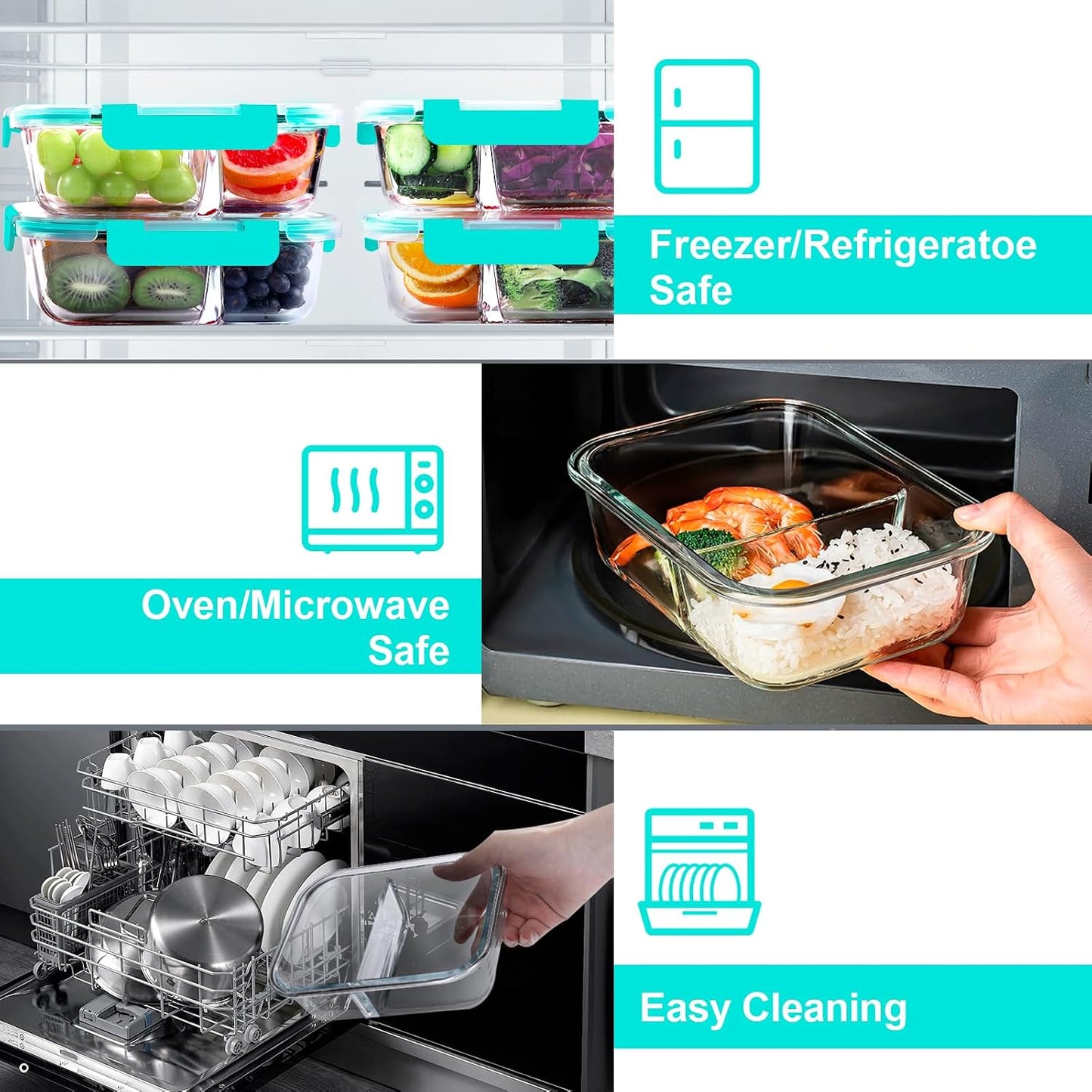 VERONES 5 Pack Glass Meal Prep Containers 2 Compartment Set, 36OZ Airtight Lunch Containers, Glass Food Storage Containers with Lids, for Microwave, Oven, Freezer & Dishwasher Friendly,White