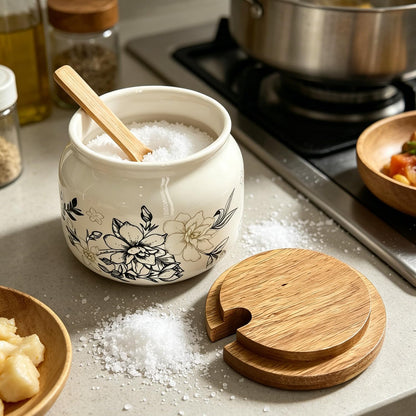 Ceramic Salt Cellar Bamboo Lid Spoon 3.5" Wide 12oz