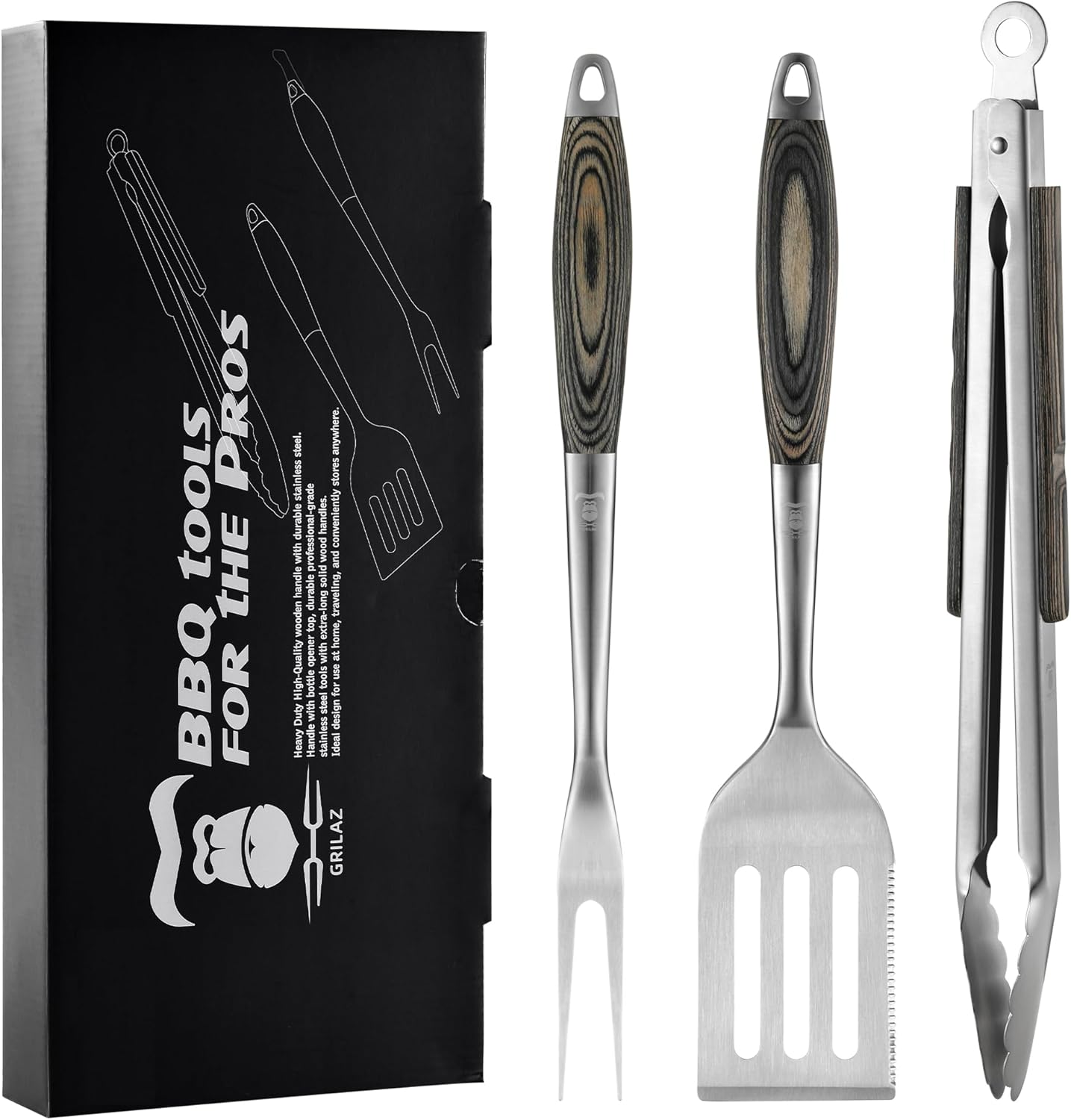 GRILAZ Heavy-Duty Rose Wooden BBQ Grilling Tools Set. Extra Thick Stainless Steel Multi-Function Spatula, Fork & Tongs | Essential Accessories for Barbecue & Grill. Ideal Gift for Father…