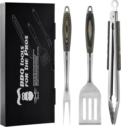 GRILAZ Heavy-Duty Rose Wooden BBQ Grilling Tools Set. Extra Thick Stainless Steel Multi-Function Spatula, Fork & Tongs | Essential Accessories for Barbecue & Grill. Ideal Gift for Father…