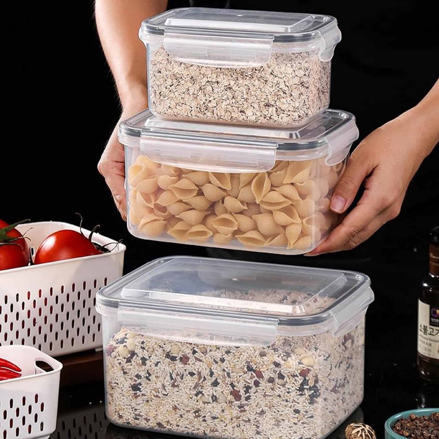 3Pack Fridge Food Storage Container Set with Lids with Strainer,Plastic Fresh Produce Saver Vegetable Fruit Meat Storage Organization, BPA-Free Plastic Produce Keepers(3.15L+1.7L+0.8L)