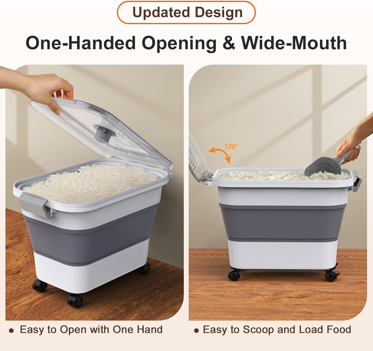 Komzon Rice Storage Container, Collapsible Airtight 10-40 Lb Rice Storage Container, 25lb Pet Dog Food Storage Container, Rice Dispenser Bin with Cup and Scoop for Flour Cereal Pasta Grain, Cat Bird