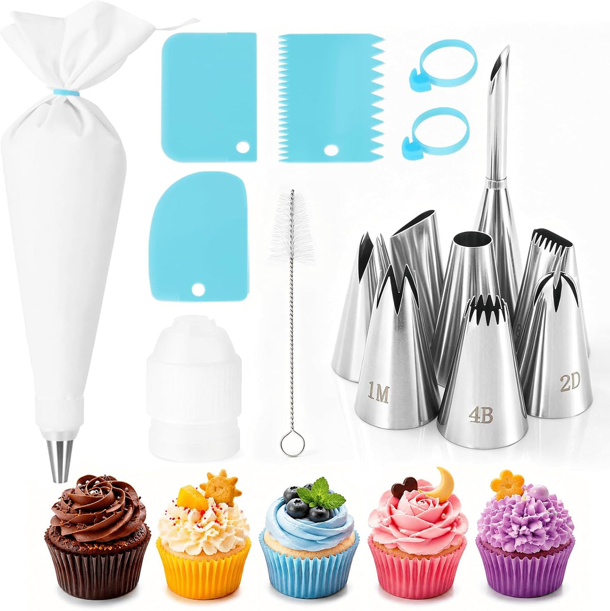 8PCS Large Piping Tips Set, Piping Bags and Tips Set, 304 Stainless Steel Cake Decorating Tips with Reusable Piping Bag, Cake Decorating Kit for Cookie, Cupcake, Cake Decoration
