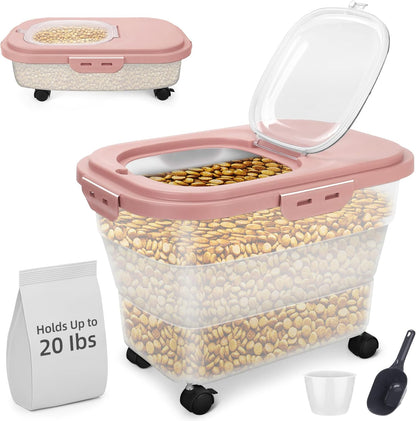 Dog Food Container, Collapsible Pet Food Storage Container 17-20 lb with Rolling Wheels & Airtight Lid, Plastic Storage Bin With Dog Food Scoop and Measuaring Cups